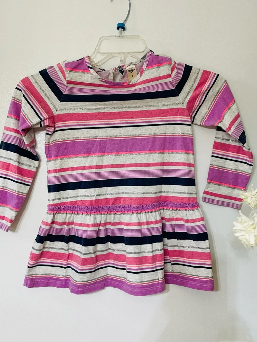 OshKosh B'gosh Pink Purple Navy Striped Long Sleeve Peplum Top